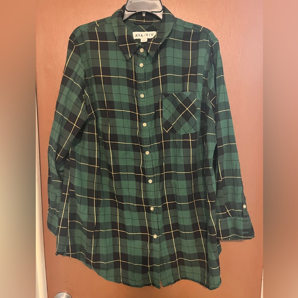 Ava & Viv Size 2X Green Plaid Button Up Flannel Shirt Long Sleeves Front Pocket